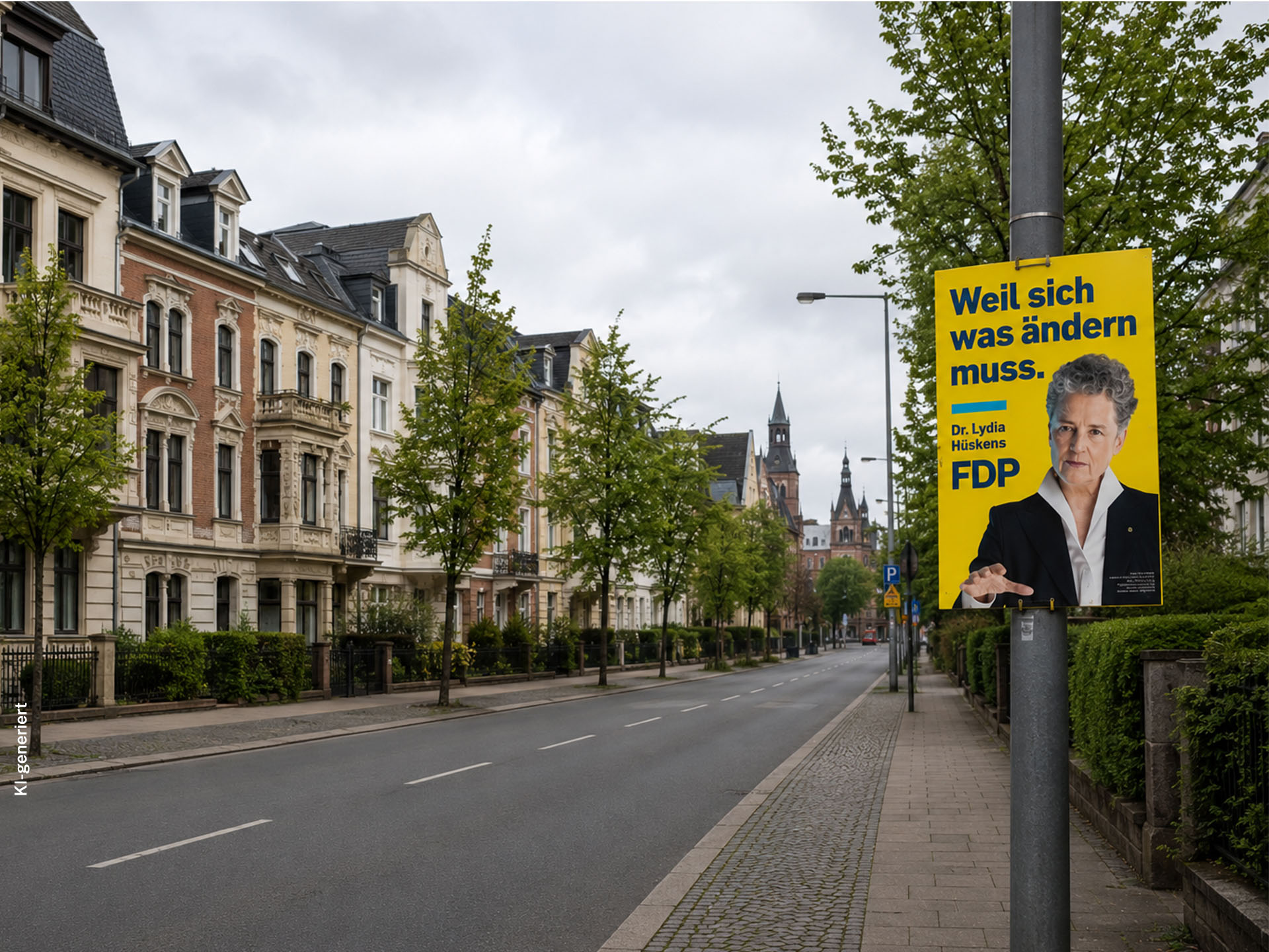 Innenstadt mit einem Plakat von Dr. Lydia Hüskens zur Landtagswahl 2026 in Sachsen-Anhalt